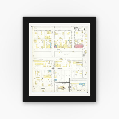 Old map wall art mockup — black gallery frame with white mat — Sanborn Fire Insurance Map from Jesup, Buchanan County, Iowa (1915), Sheet #0002