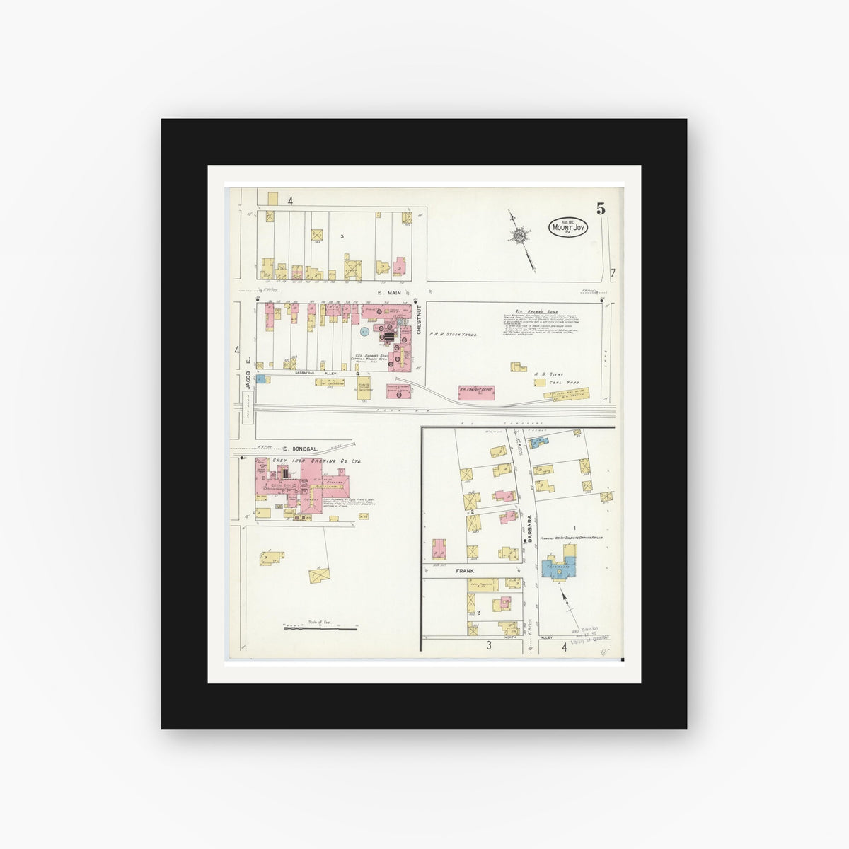 Old map wall art mockup — black gallery frame with white mat — Sanborn Fire Insurance Map from Mount Joy, Lancaster County, Pennsylvania (1912), Sheet #0005