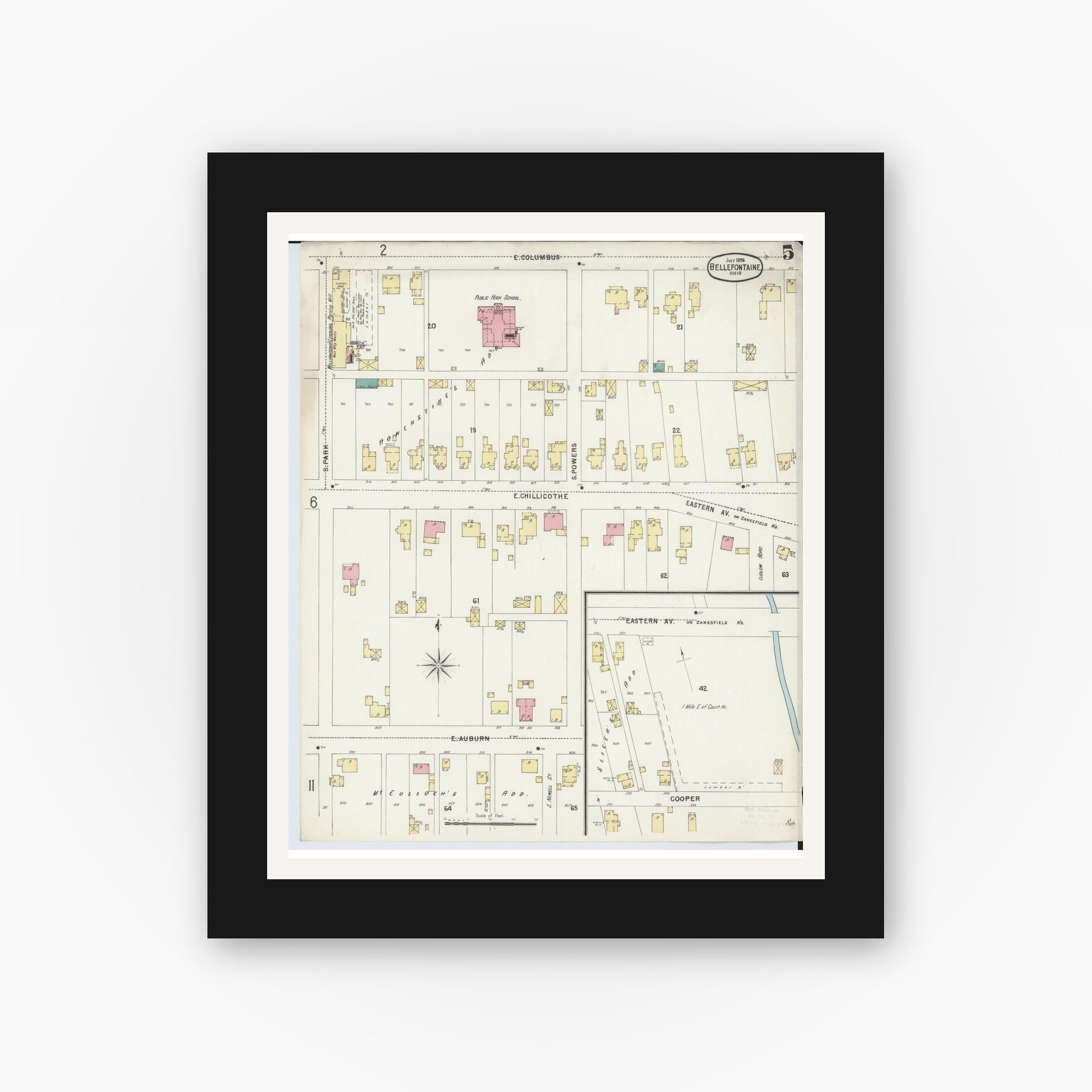 Old map wall art mockup — black gallery frame with white mat — Sanborn Fire Insurance Map from Bellefontaine, Logan County, Ohio (1896), Sheet #0005