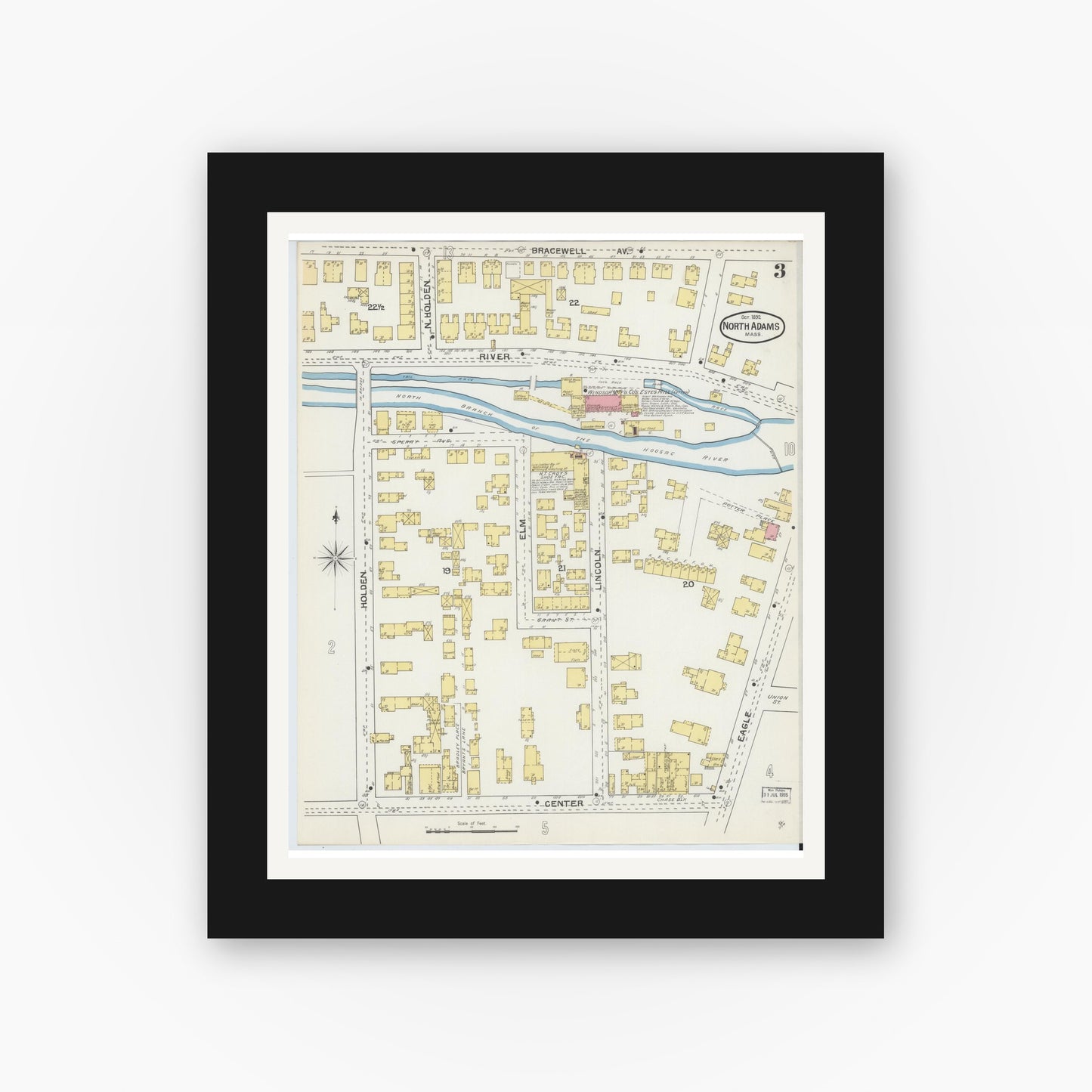 Old map wall art mockup — black gallery frame with white mat — Sanborn Fire Insurance Map from North Adams, Berkshire County, Massachusetts (1892), Sheet #0003