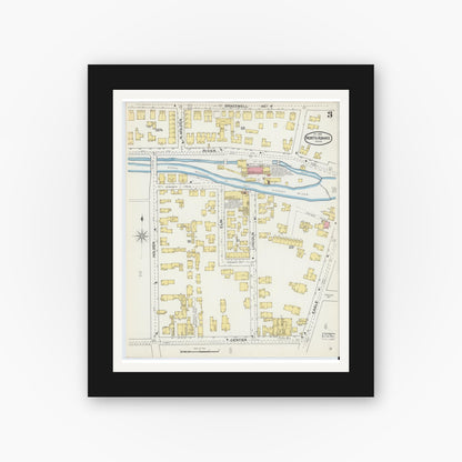 Old map wall art mockup — black gallery frame with white mat — Sanborn Fire Insurance Map from North Adams, Berkshire County, Massachusetts (1892), Sheet #0003