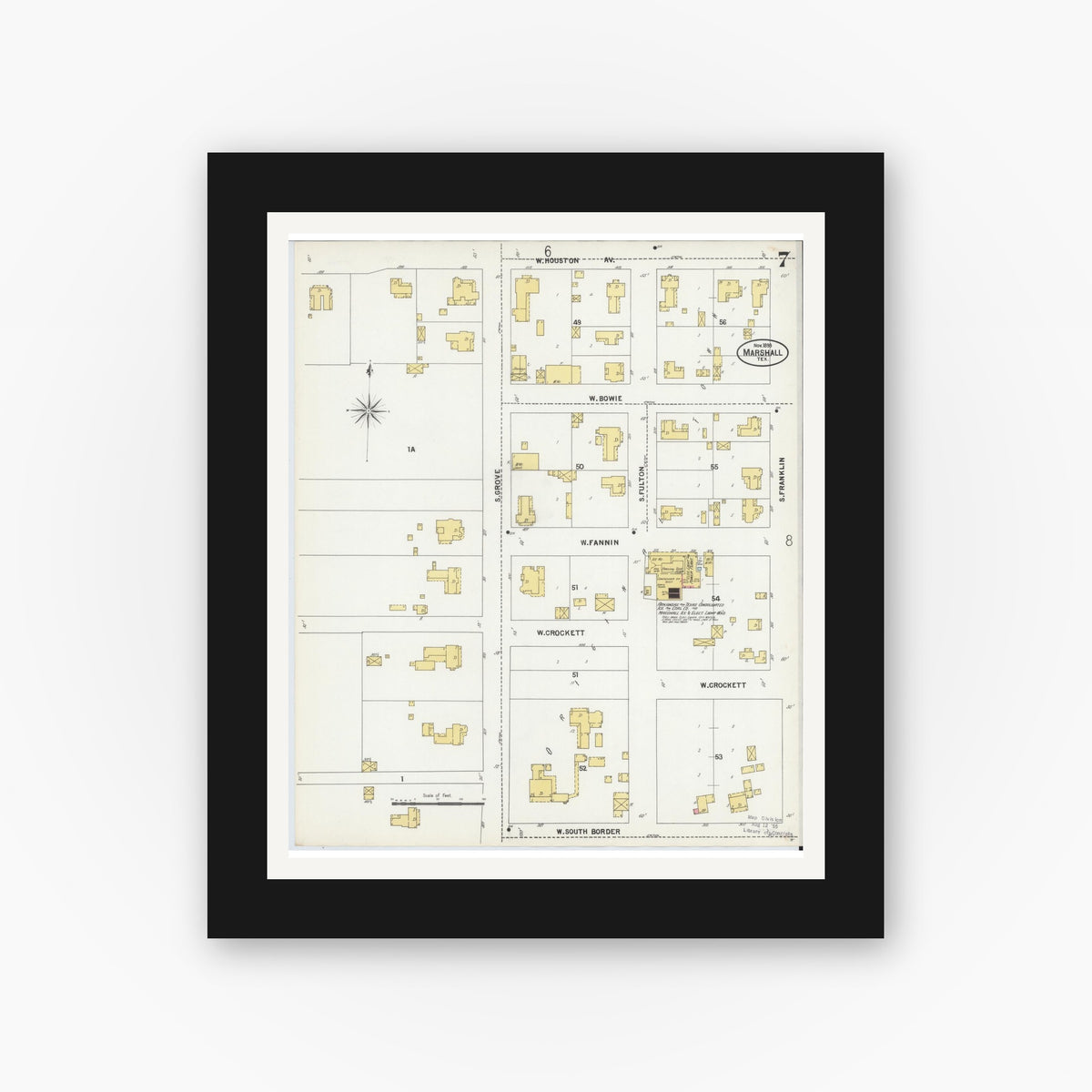 Old map wall art mockup — black gallery frame with white mat — Sanborn Fire Insurance Map from Marshall, Harrison County, Texas (1899), Sheet #0007