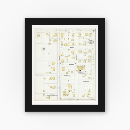 Old map wall art mockup — black gallery frame with white mat — Sanborn Fire Insurance Map from Marshall, Harrison County, Texas (1899), Sheet #0007