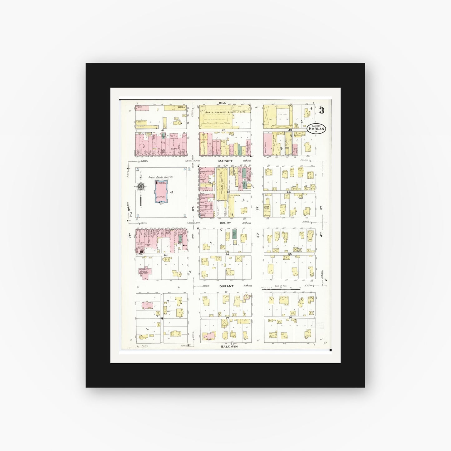 Old map wall art mockup — black gallery frame with white mat — Sanborn Fire Insurance Map from Harlan, Shelby County, Iowa (1909), Sheet #0003