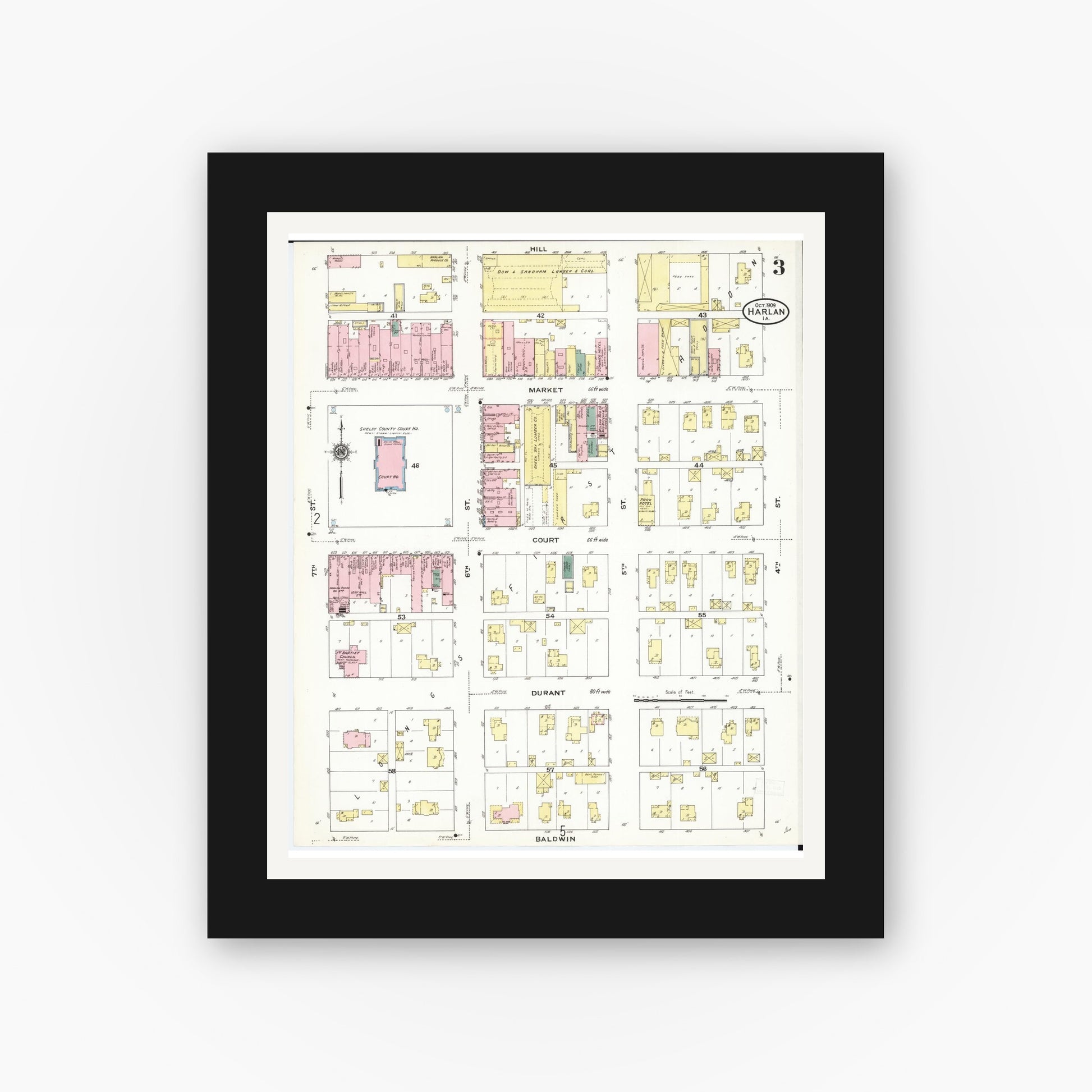 Old map wall art mockup — black gallery frame with white mat — Sanborn Fire Insurance Map from Harlan, Shelby County, Iowa (1909), Sheet #0003