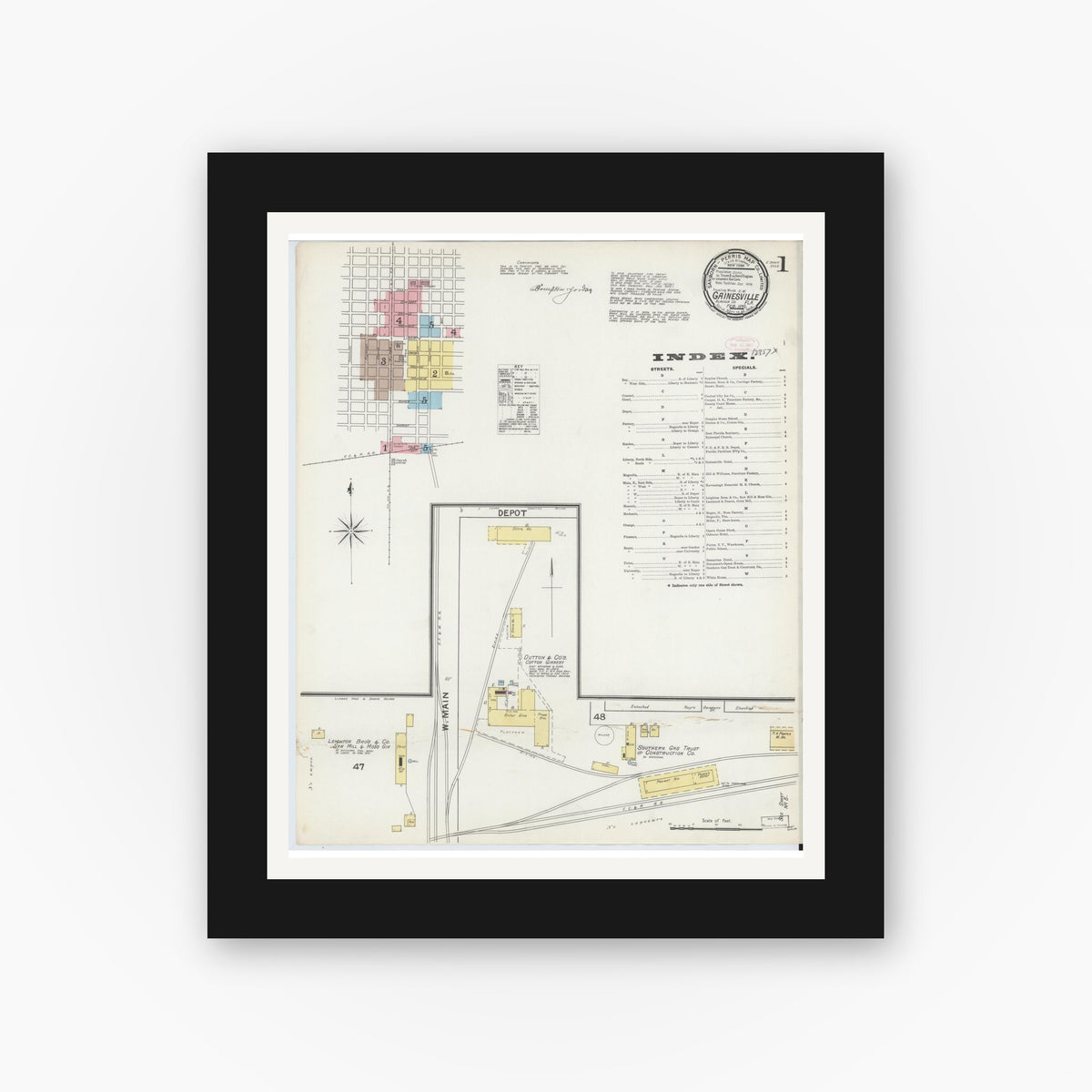 Old map wall art mockup — black gallery frame with white mat — Sanborn Fire Insurance Map from Gainesville, Alachua County, Florida (1892), Sheet #0001
