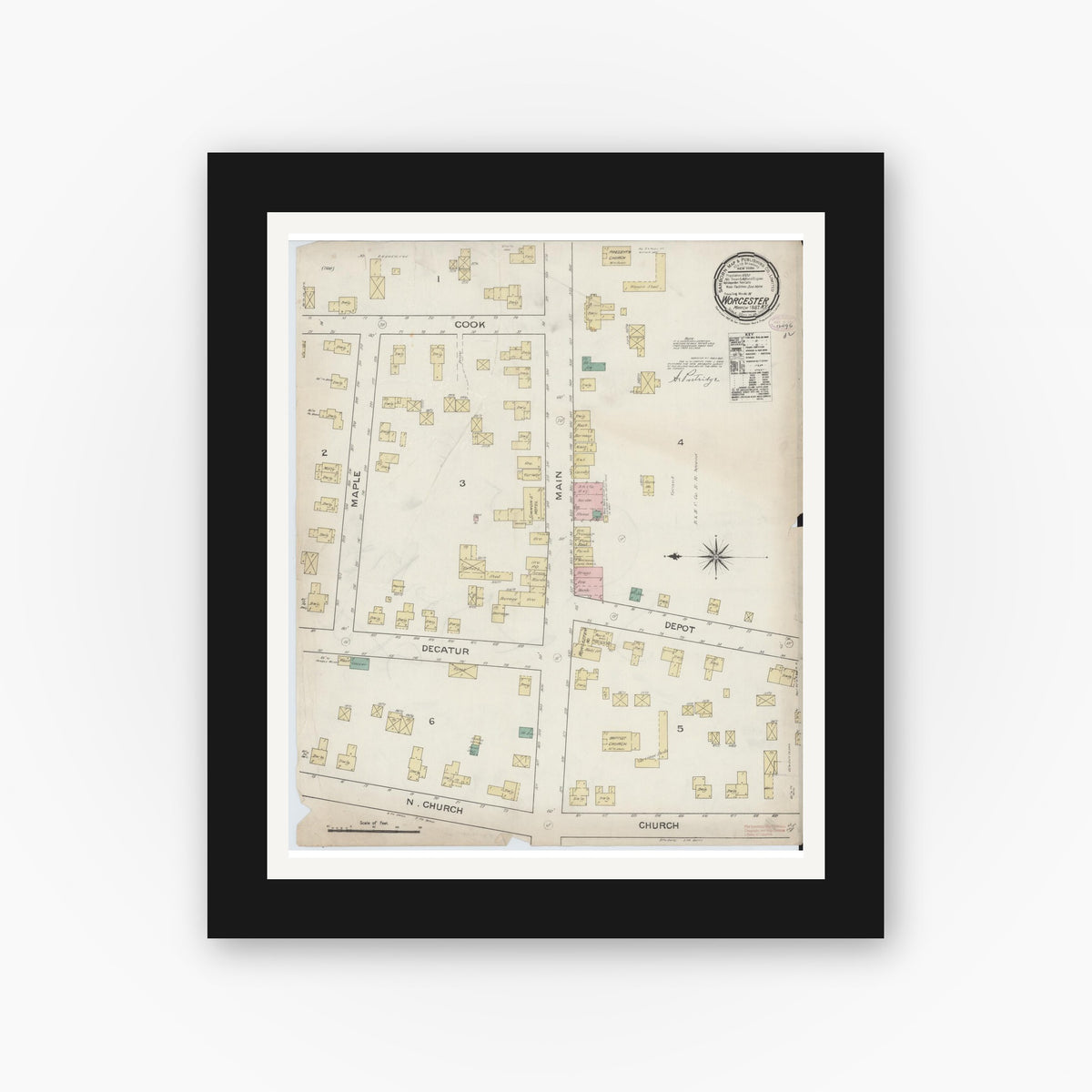 Old map wall art mockup — black gallery frame with white mat — Sanborn Fire Insurance Map from Worcester, Otsego County, New York (1887), Sheet #0001