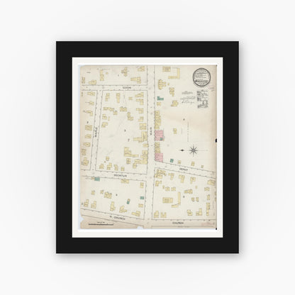 Old map wall art mockup — black gallery frame with white mat — Sanborn Fire Insurance Map from Worcester, Otsego County, New York (1887), Sheet #0001