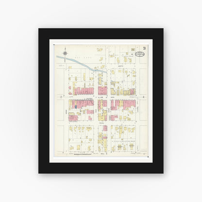 Old map wall art mockup — black gallery frame with white mat — Sanborn Fire Insurance Map from Staunton, Macoupin County, Illinois (1913), Sheet #0003