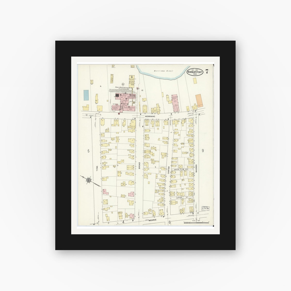 Old map wall art mockup — black gallery frame with white mat — Sanborn Fire Insurance Map from Newburyport, Essex County, Massachusetts (1914), Sheet #0007