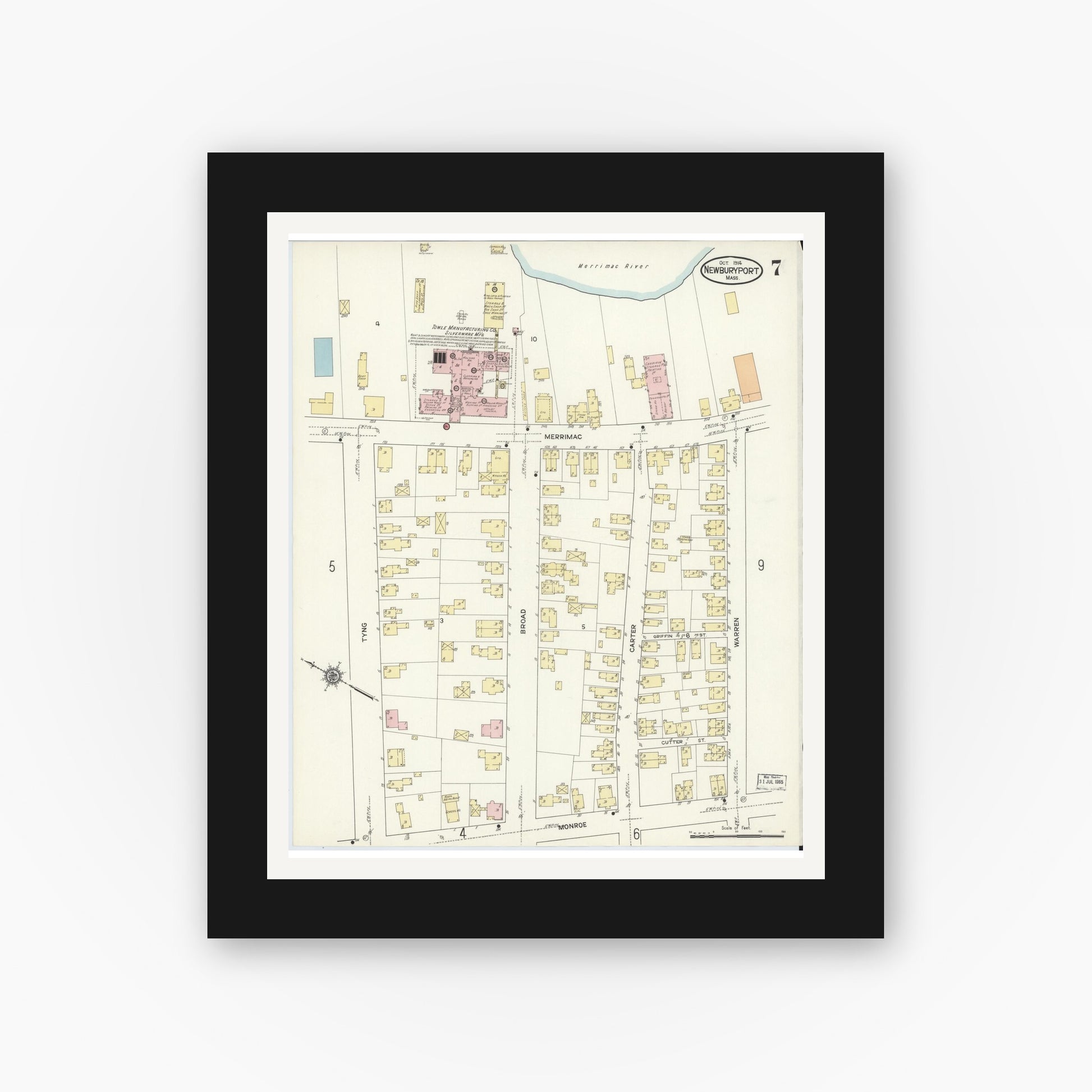 Old map wall art mockup — black gallery frame with white mat — Sanborn Fire Insurance Map from Newburyport, Essex County, Massachusetts (1914), Sheet #0007