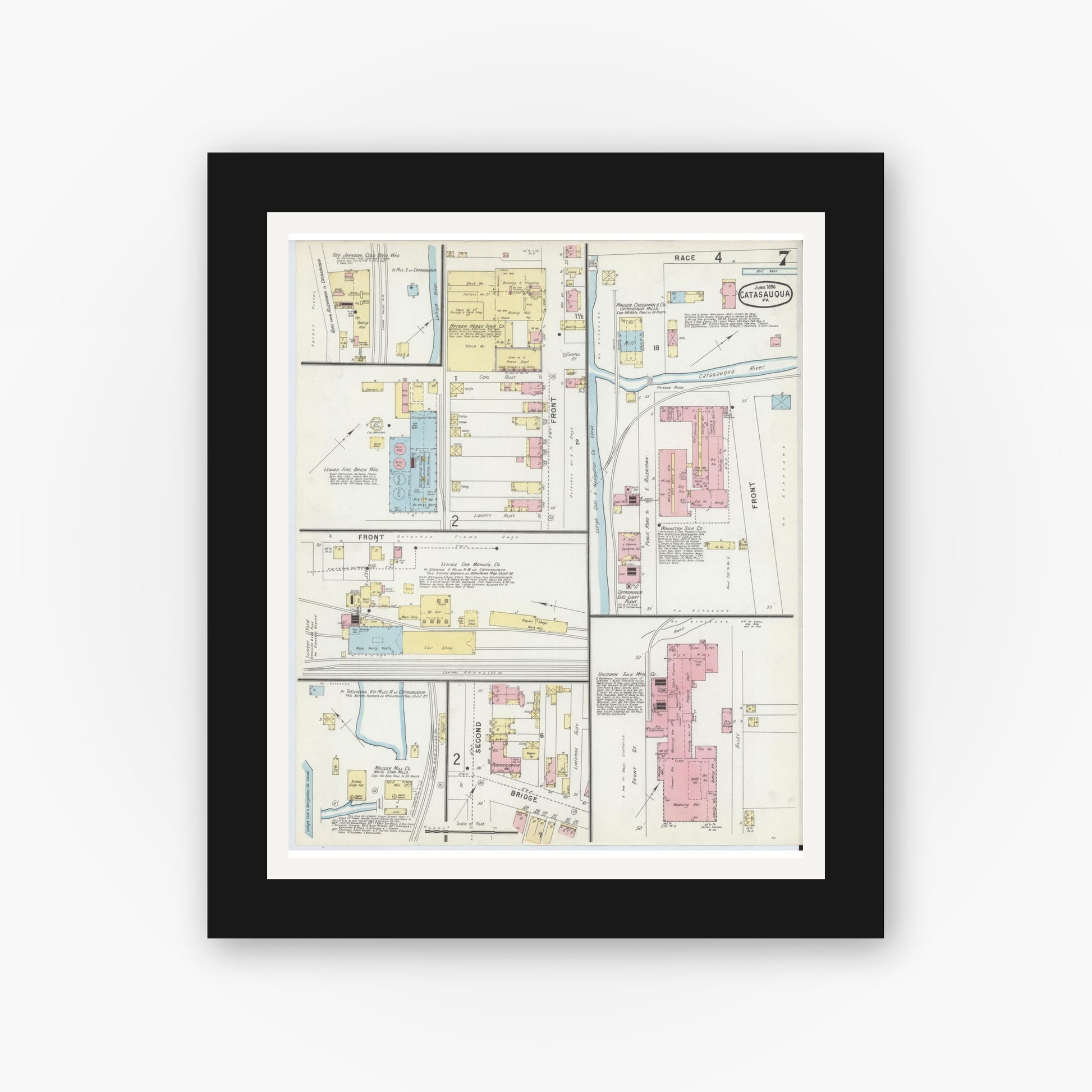 Old map wall art mockup — black gallery frame with white mat — Sanborn Fire Insurance Map from Catasauqua, Lehigh County, Pennsylvania (1896), Sheet #0007