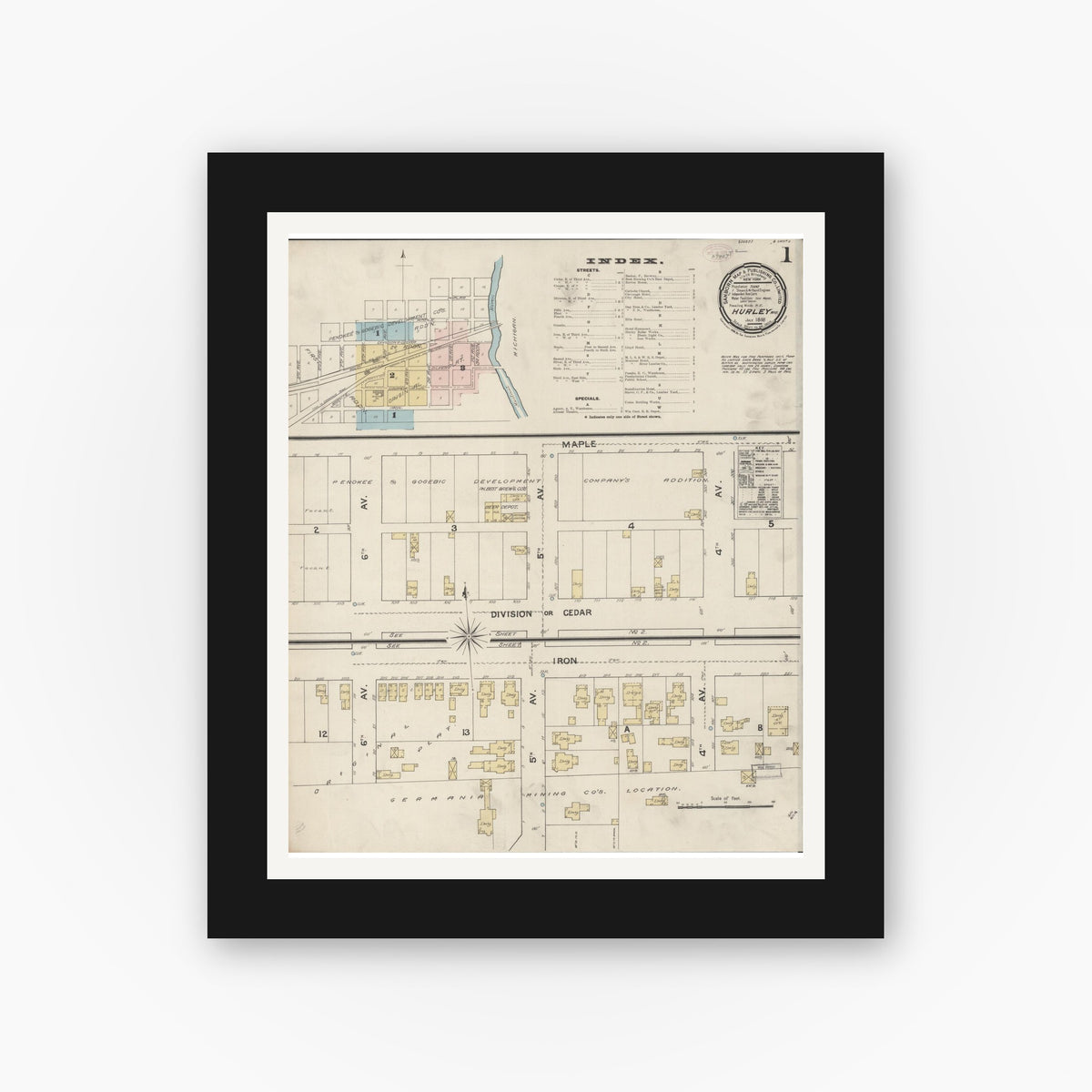 Old map wall art mockup — black gallery frame with white mat — Sanborn Fire Insurance Map from Hurley, Iron County, Wisconsin (1888), Sheet #0001