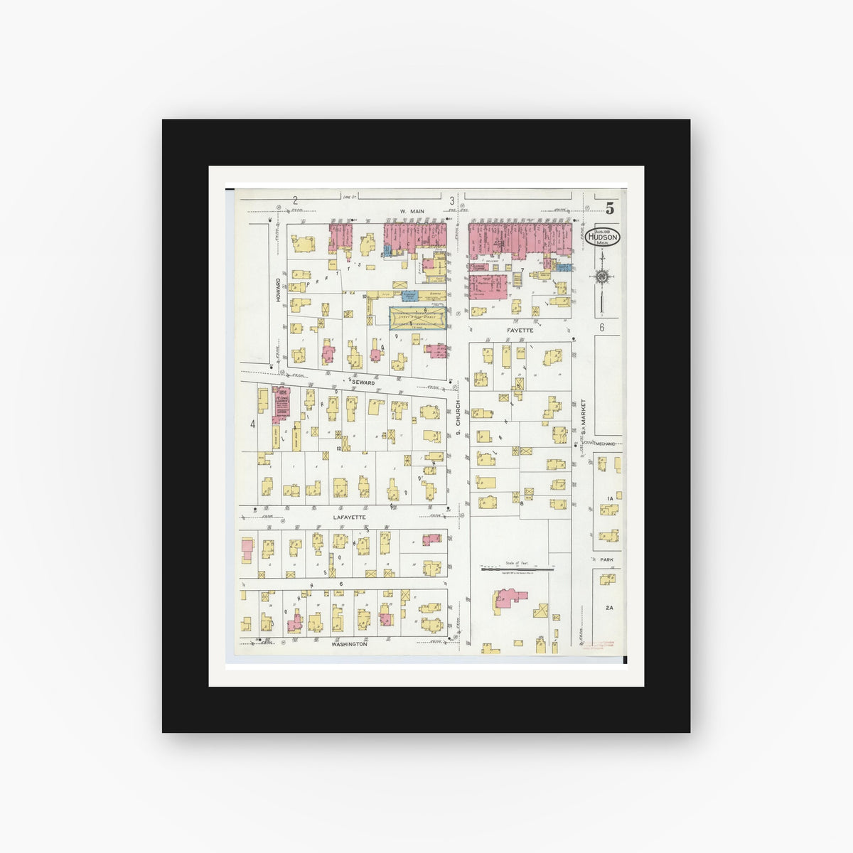 Old map wall art mockup — black gallery frame with white mat — Sanborn Fire Insurance Map from Hudson, Lenawee County, Michigan (1919), Sheet #0005