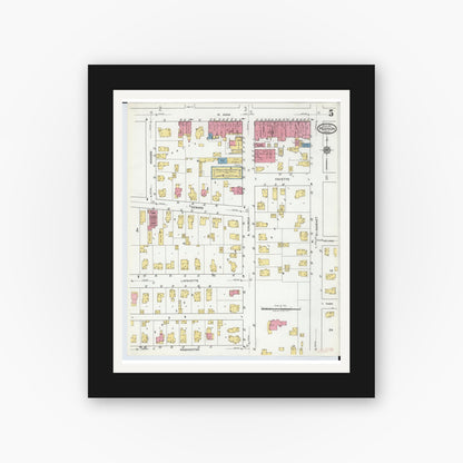 Old map wall art mockup — black gallery frame with white mat — Sanborn Fire Insurance Map from Hudson, Lenawee County, Michigan (1919), Sheet #0005