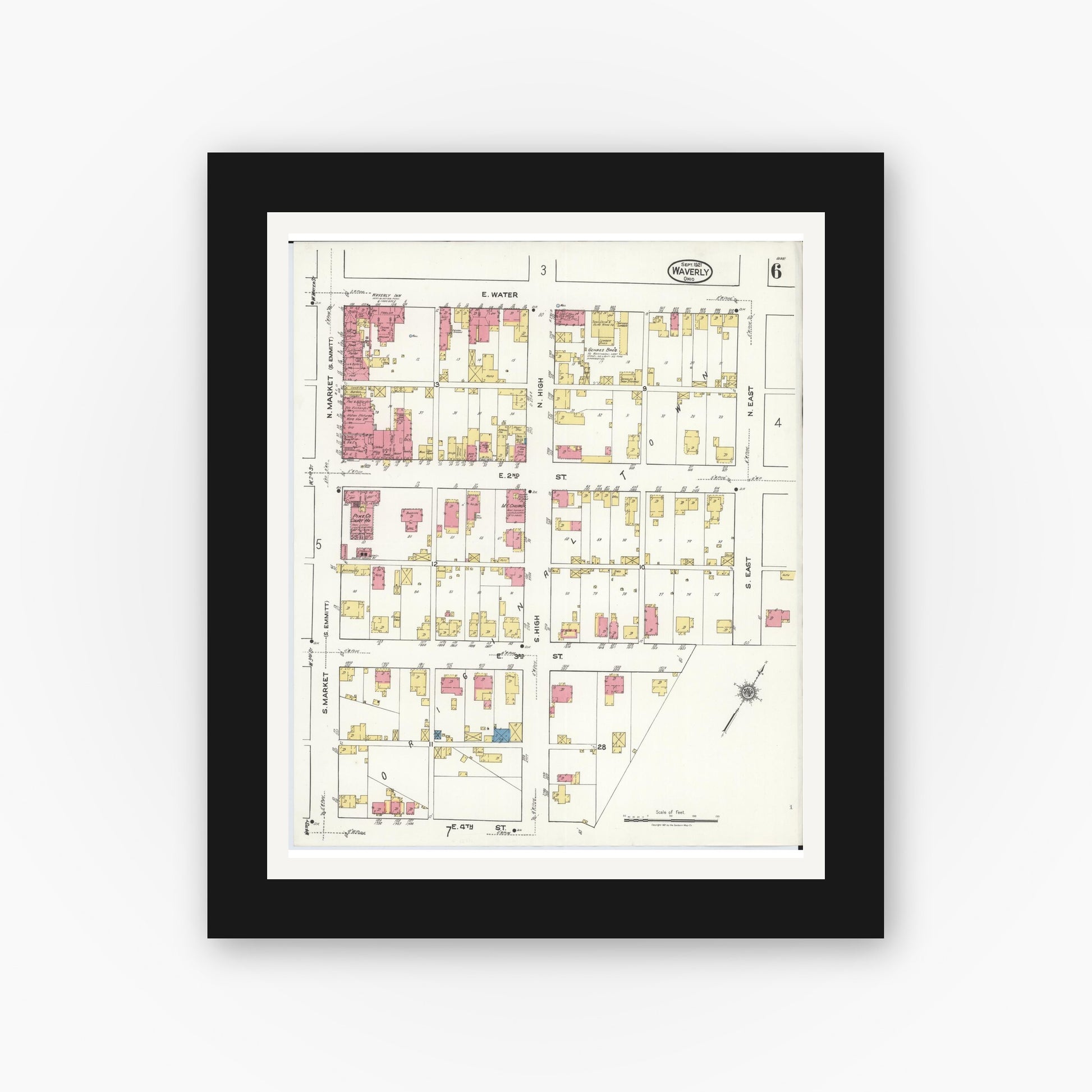 Old map wall art mockup — black gallery frame with white mat — Sanborn Fire Insurance Map from Waverly, Pike County, Ohio (1921), Sheet #0006