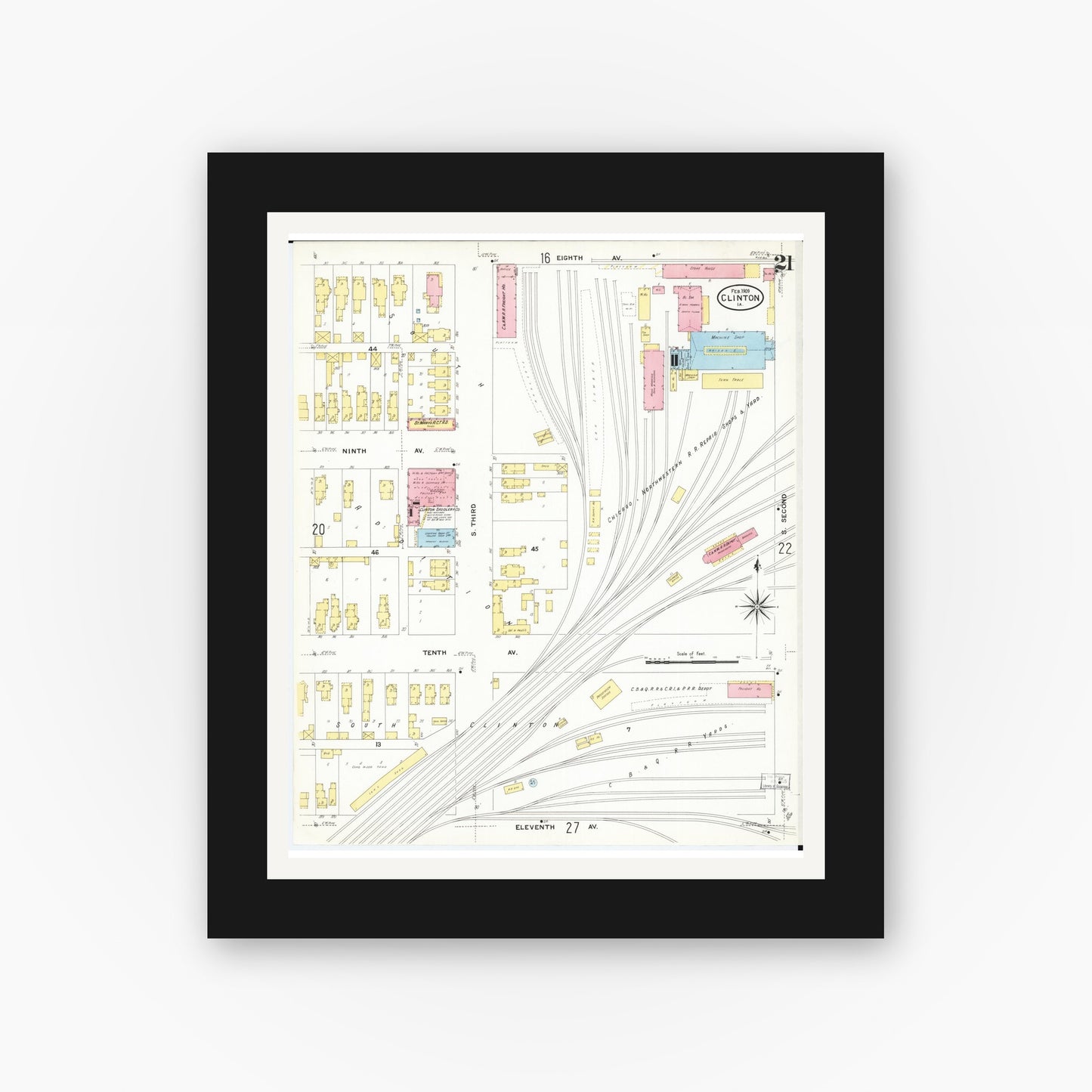 Old map wall art mockup — black gallery frame with white mat — Sanborn Fire Insurance Map from Clinton, Clinton County, Iowa (1909), Sheet #0021