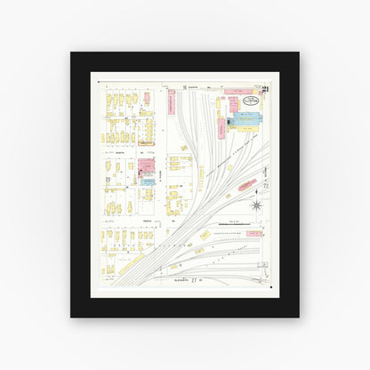 Old map wall art mockup — black gallery frame with white mat — Sanborn Fire Insurance Map from Clinton, Clinton County, Iowa (1909), Sheet #0021