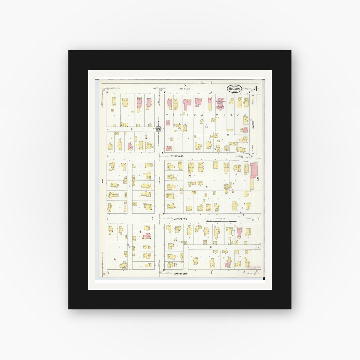 Old map wall art mockup — black gallery frame with white mat — Sanborn Fire Insurance Map from Hudson, Lenawee County, Michigan (1912), Sheet #0004