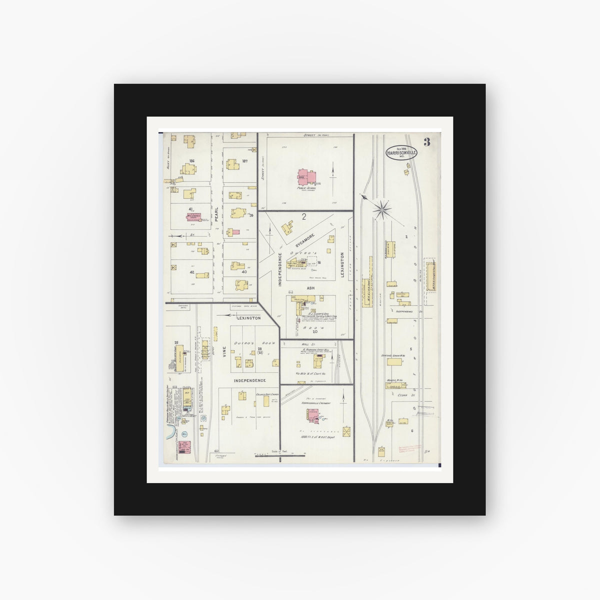 Old map wall art mockup — black gallery frame with white mat — Sanborn Fire Insurance Map from Harrisonville, Cass County, Missouri (1898), Sheet #0003