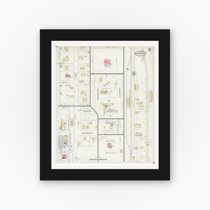 Old map wall art mockup — black gallery frame with white mat — Sanborn Fire Insurance Map from Harrisonville, Cass County, Missouri (1898), Sheet #0003