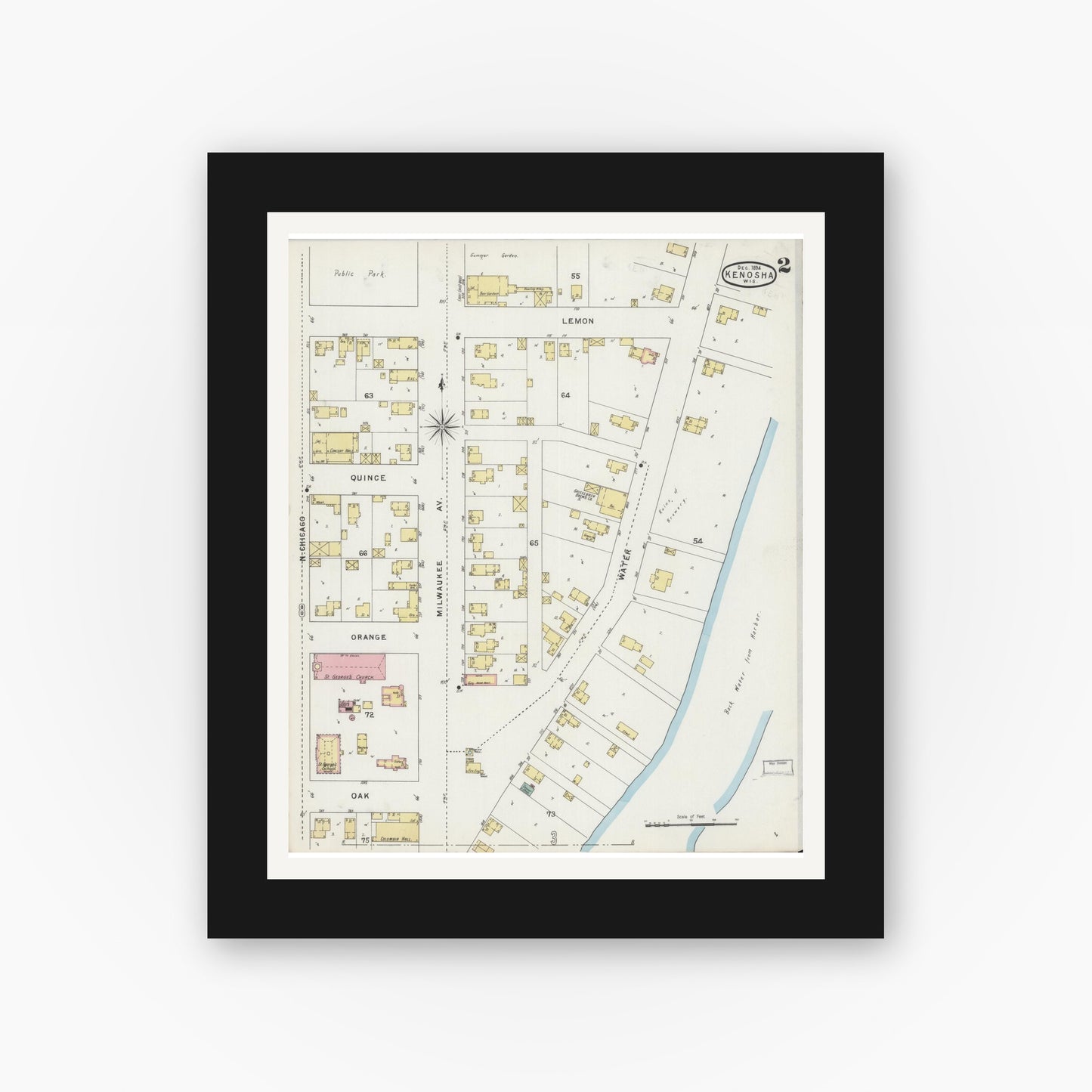 Old map wall art mockup — black gallery frame with white mat — Sanborn Fire Insurance Map from Kenosha, Kenosha County, Wisconsin (1894), Sheet #0002