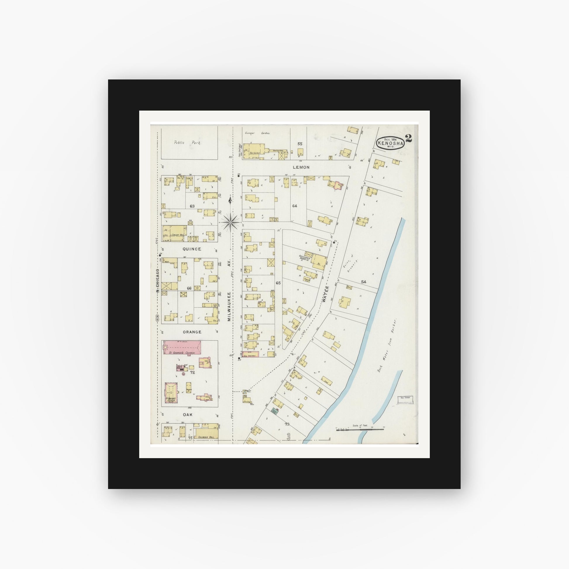 Old map wall art mockup — black gallery frame with white mat — Sanborn Fire Insurance Map from Kenosha, Kenosha County, Wisconsin (1894), Sheet #0002