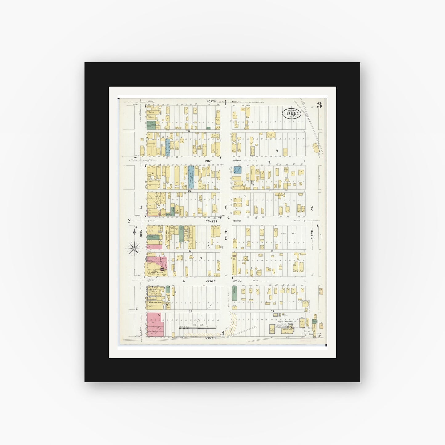 Old map wall art mockup — black gallery frame with white mat — Sanborn Fire Insurance Map from Hibbing, Saint Louis County, Minnesota (1908), Sheet #0003