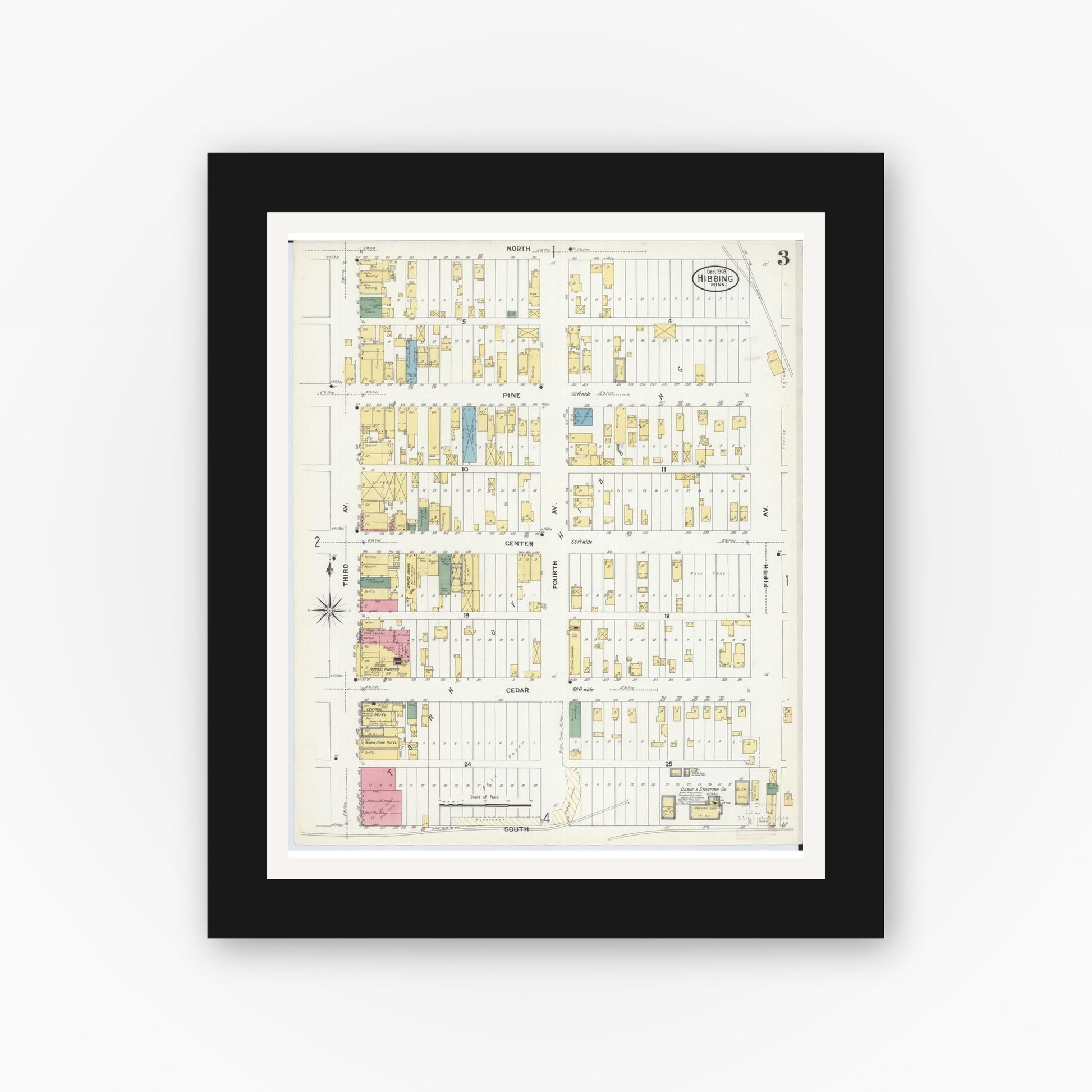Old map wall art mockup — black gallery frame with white mat — Sanborn Fire Insurance Map from Hibbing, Saint Louis County, Minnesota (1908), Sheet #0003