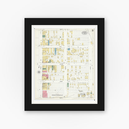 Old map wall art mockup — black gallery frame with white mat — Sanborn Fire Insurance Map from Hibbing, Saint Louis County, Minnesota (1908), Sheet #0003