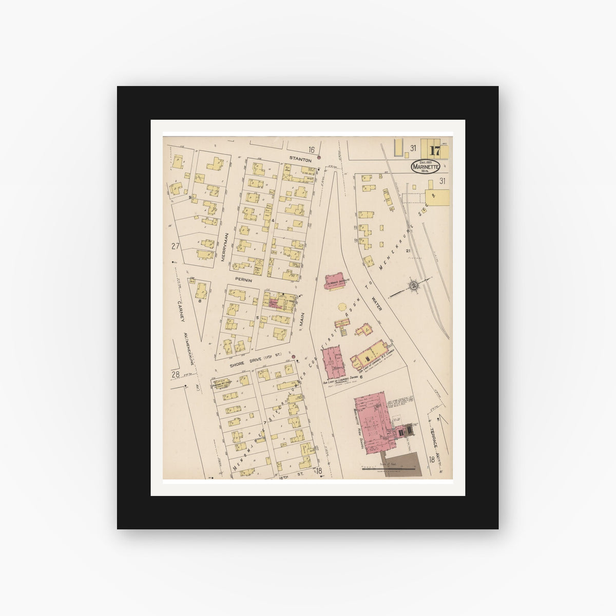 Old map wall art mockup — black gallery frame with white mat — Sanborn Fire Insurance Map from Marinette, Marinette County, Wisconsin (1921), Sheet #0017