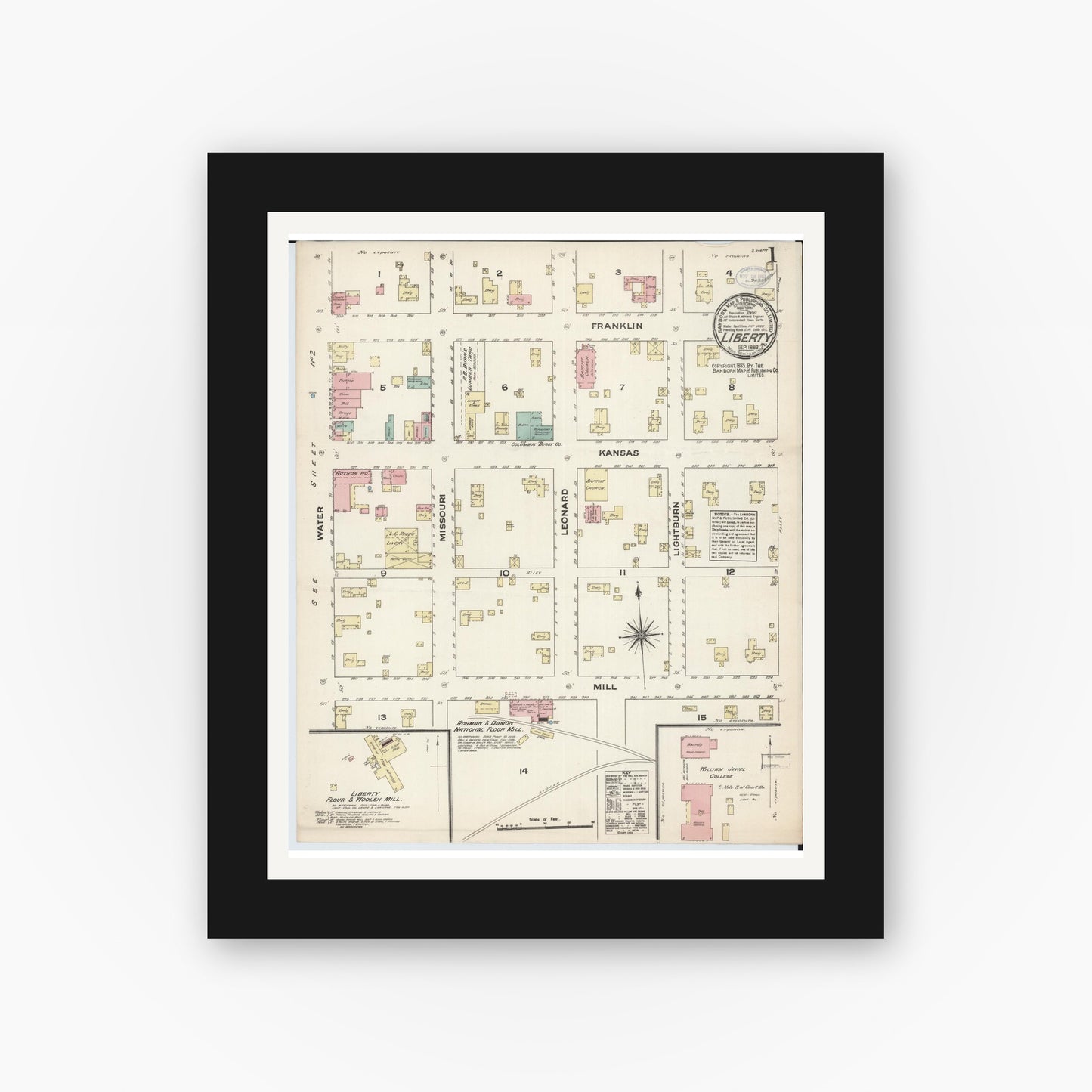 Old map wall art mockup — black gallery frame with white mat — Sanborn Fire Insurance Map from Liberty, Clay County, Missouri (1883) - Complete Map Set
