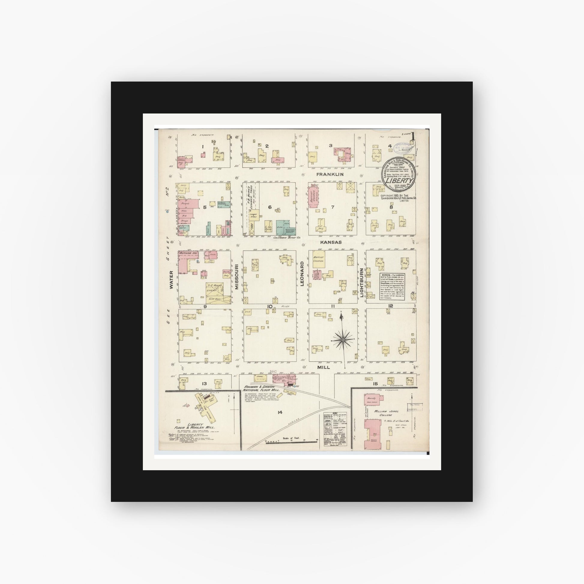 Old map wall art mockup — black gallery frame with white mat — Sanborn Fire Insurance Map from Liberty, Clay County, Missouri (1883) - Complete Map Set