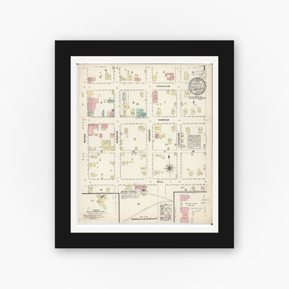 Old map wall art mockup — black gallery frame with white mat — Sanborn Fire Insurance Map from Liberty, Clay County, Missouri (1883) - Complete Map Set