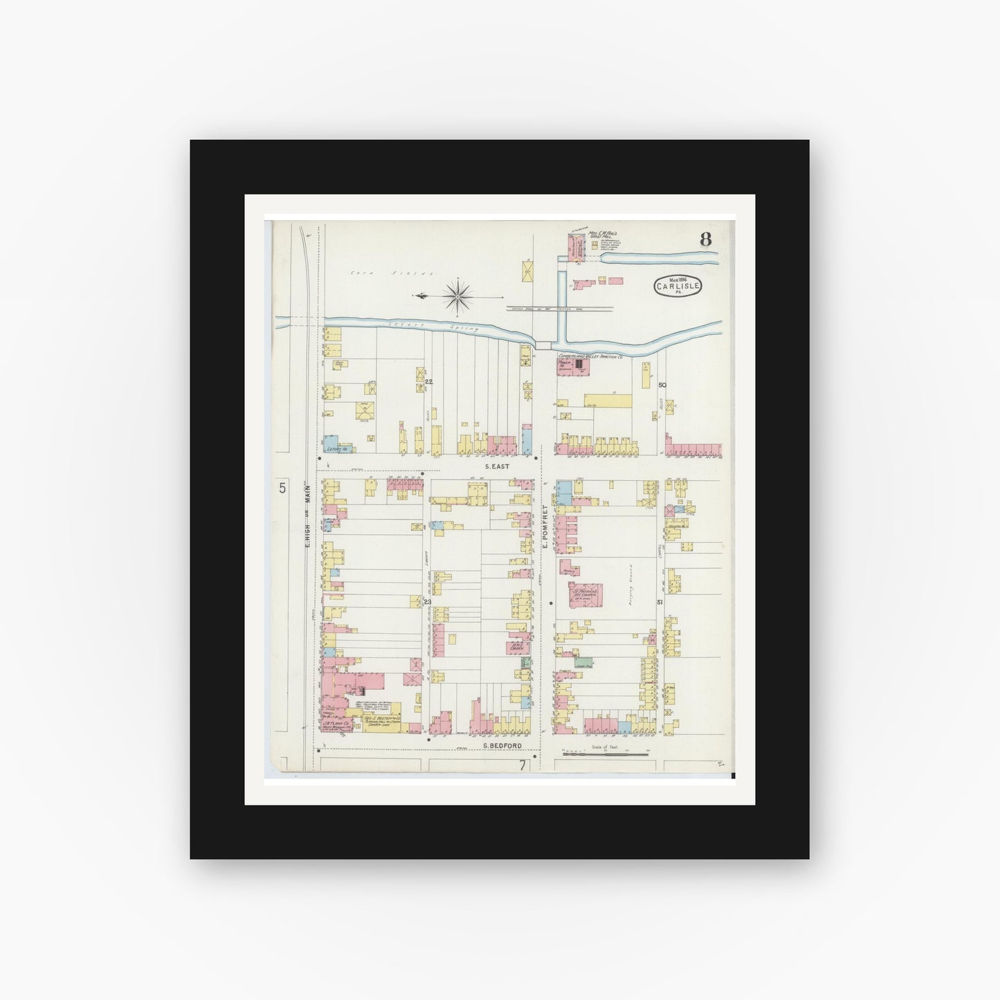 Old map wall art mockup — black gallery frame with white mat — Sanborn Fire Insurance Map from Carlisle, Cumberland County, Pennsylvania (1896), Sheet #0008