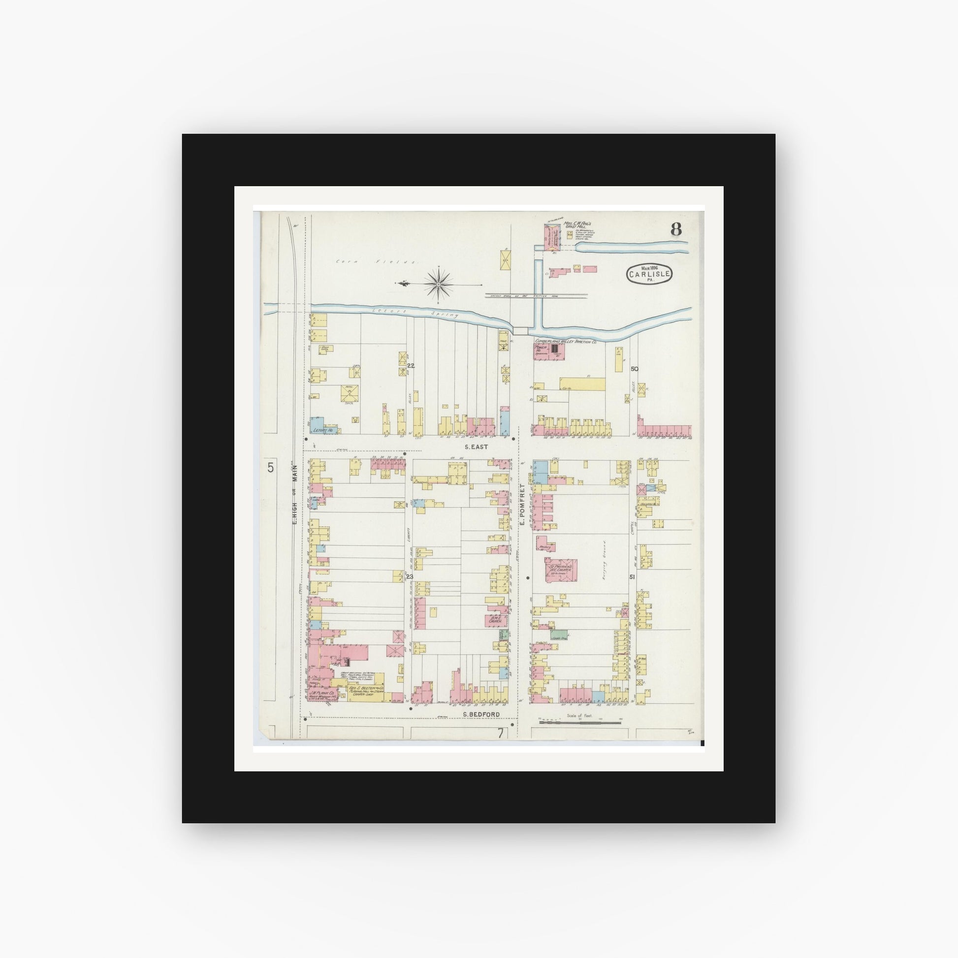 Old map wall art mockup — black gallery frame with white mat — Sanborn Fire Insurance Map from Carlisle, Cumberland County, Pennsylvania (1896), Sheet #0008