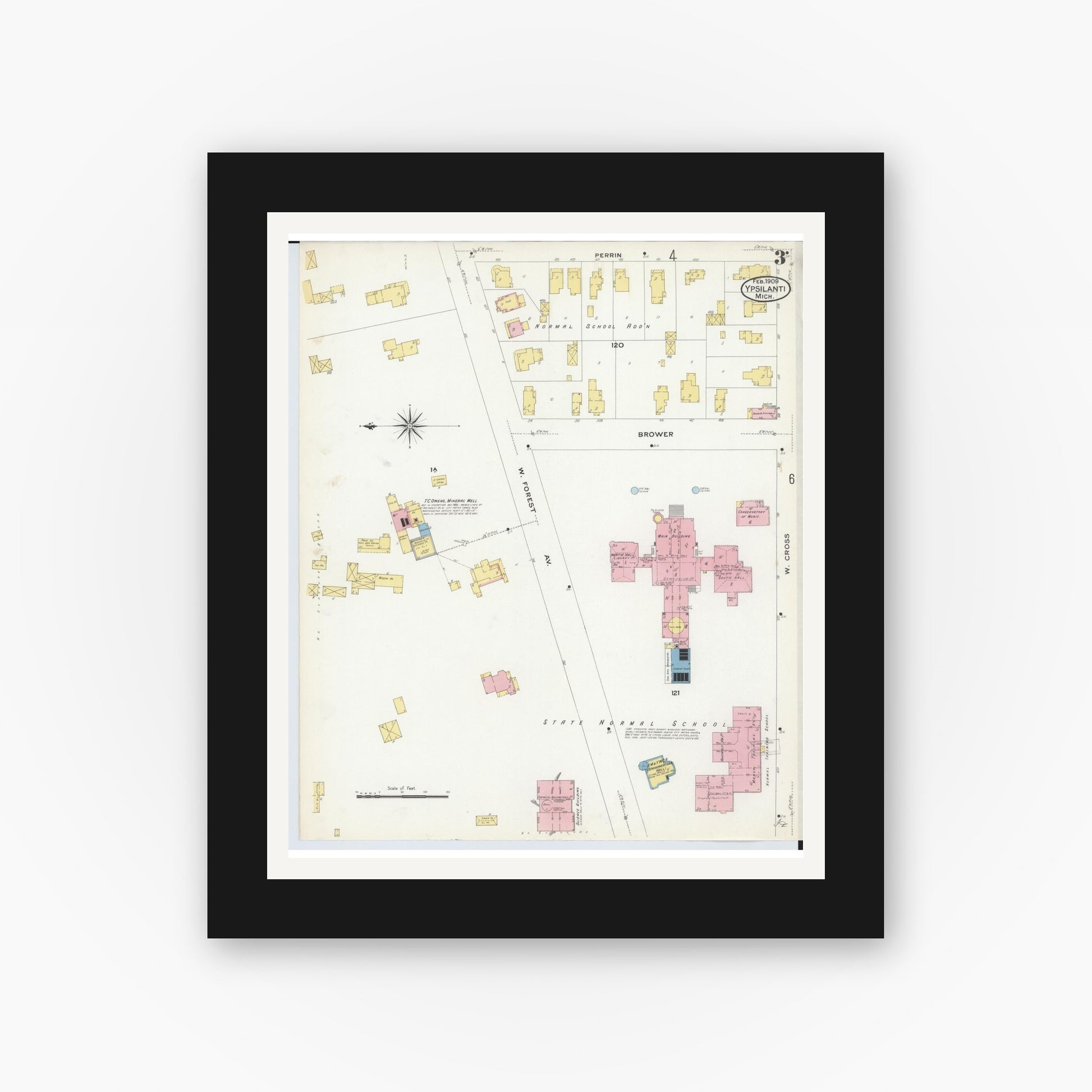 Old map wall art mockup — black gallery frame with white mat — Sanborn Fire Insurance Map from Ypsilanti, Washtenaw County, Michigan (1909), Sheet #0003