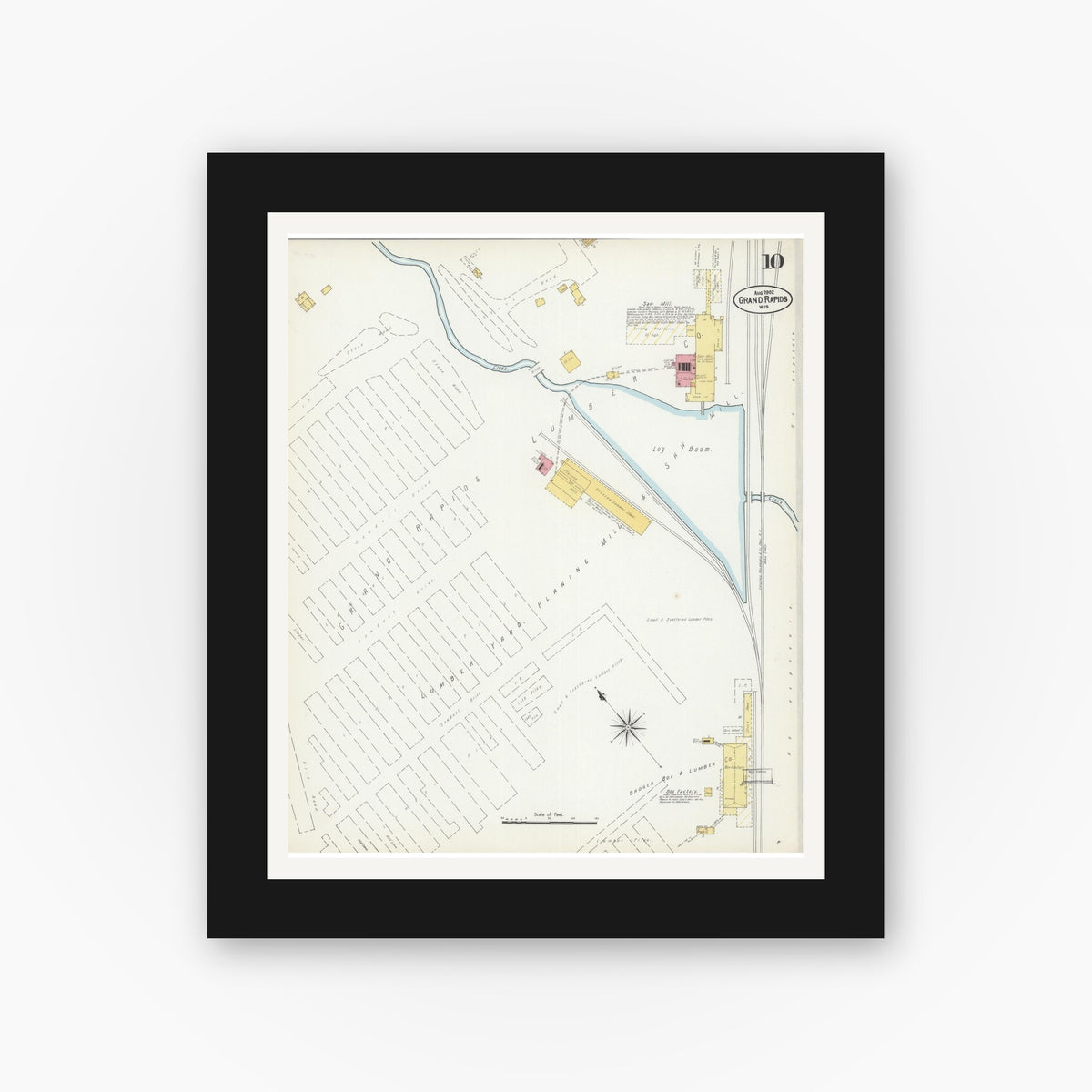 Old map wall art mockup — black gallery frame with white mat — Sanborn Fire Insurance Map from Grand Rapids, Wood County, Wisconsin (1902), Sheet #0010
