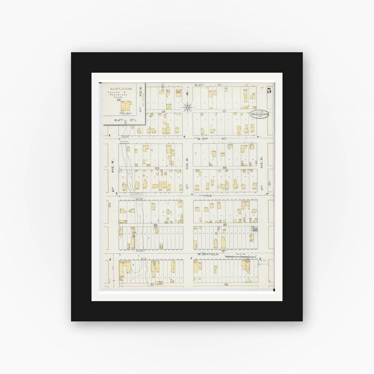 Old map wall art mockup — black gallery frame with white mat — Sanborn Fire Insurance Map from Washburn, Bayfield County, Wisconsin (1893), Sheet #0005