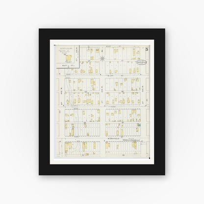 Old map wall art mockup — black gallery frame with white mat — Sanborn Fire Insurance Map from Washburn, Bayfield County, Wisconsin (1893), Sheet #0005
