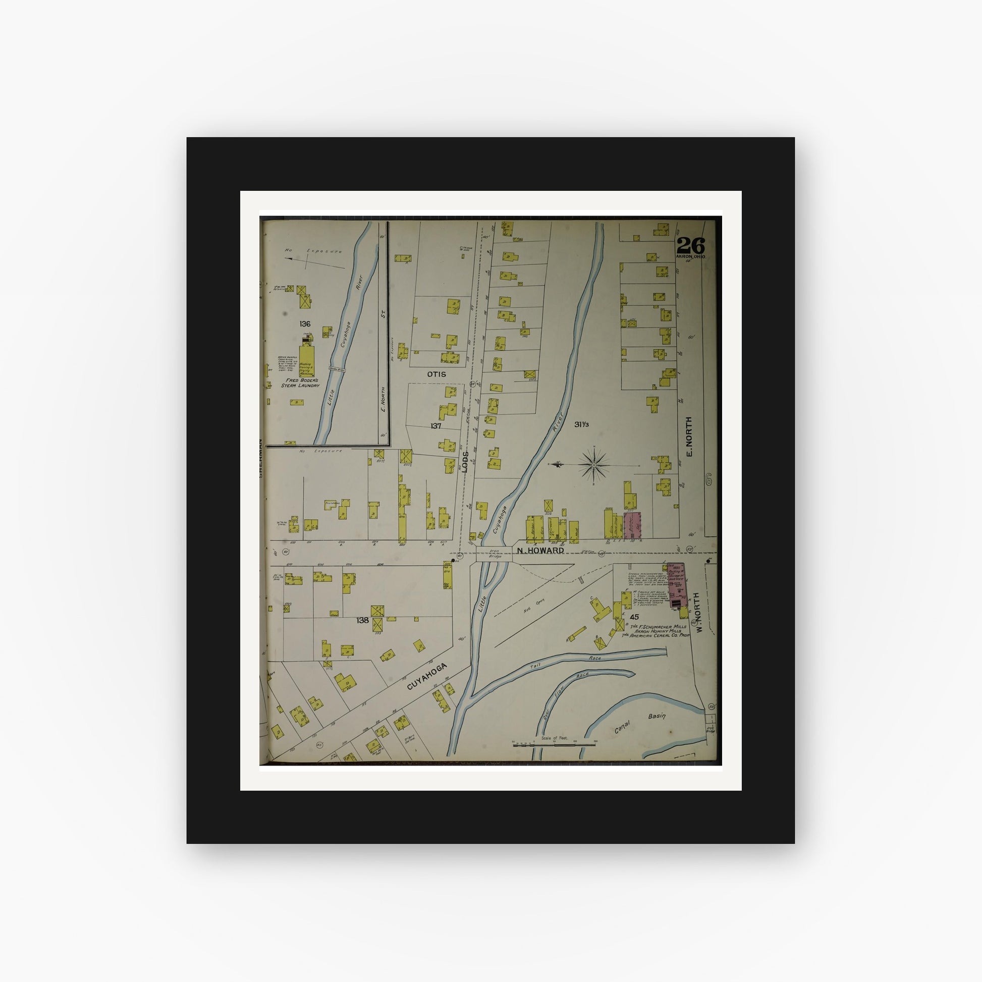 Old map wall art mockup — black gallery frame with white mat — Sanborn Fire Insurance Map from Akron, Summit County, Ohio (1892), Sheet #0026