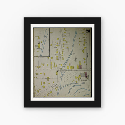 Old map wall art mockup — black gallery frame with white mat — Sanborn Fire Insurance Map from Akron, Summit County, Ohio (1892), Sheet #0026
