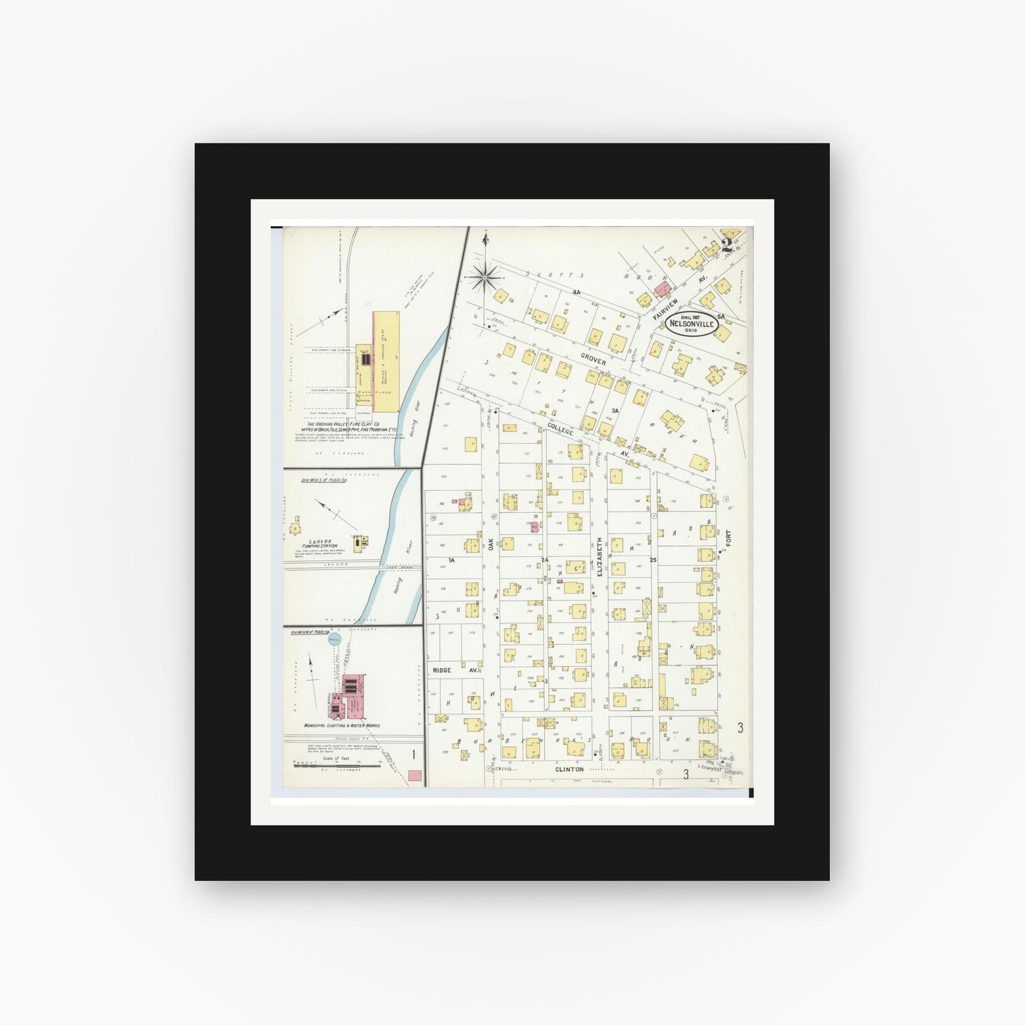 Old map wall art mockup — black gallery frame with white mat — Sanborn Fire Insurance Map from Nelsonville, Athens County, Ohio (1907), Sheet #0002