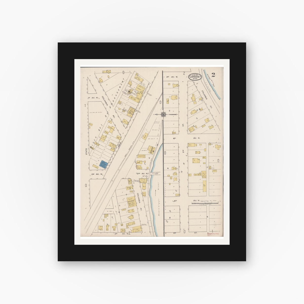 Old map wall art mockup — black gallery frame with white mat — Sanborn Fire Insurance Map from Cohasset, Itasca County, Minnesota (1922), Sheet #0002