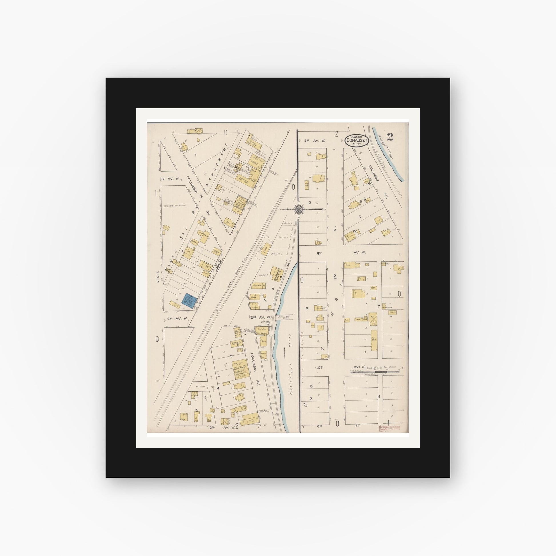 Old map wall art mockup — black gallery frame with white mat — Sanborn Fire Insurance Map from Cohasset, Itasca County, Minnesota (1922), Sheet #0002