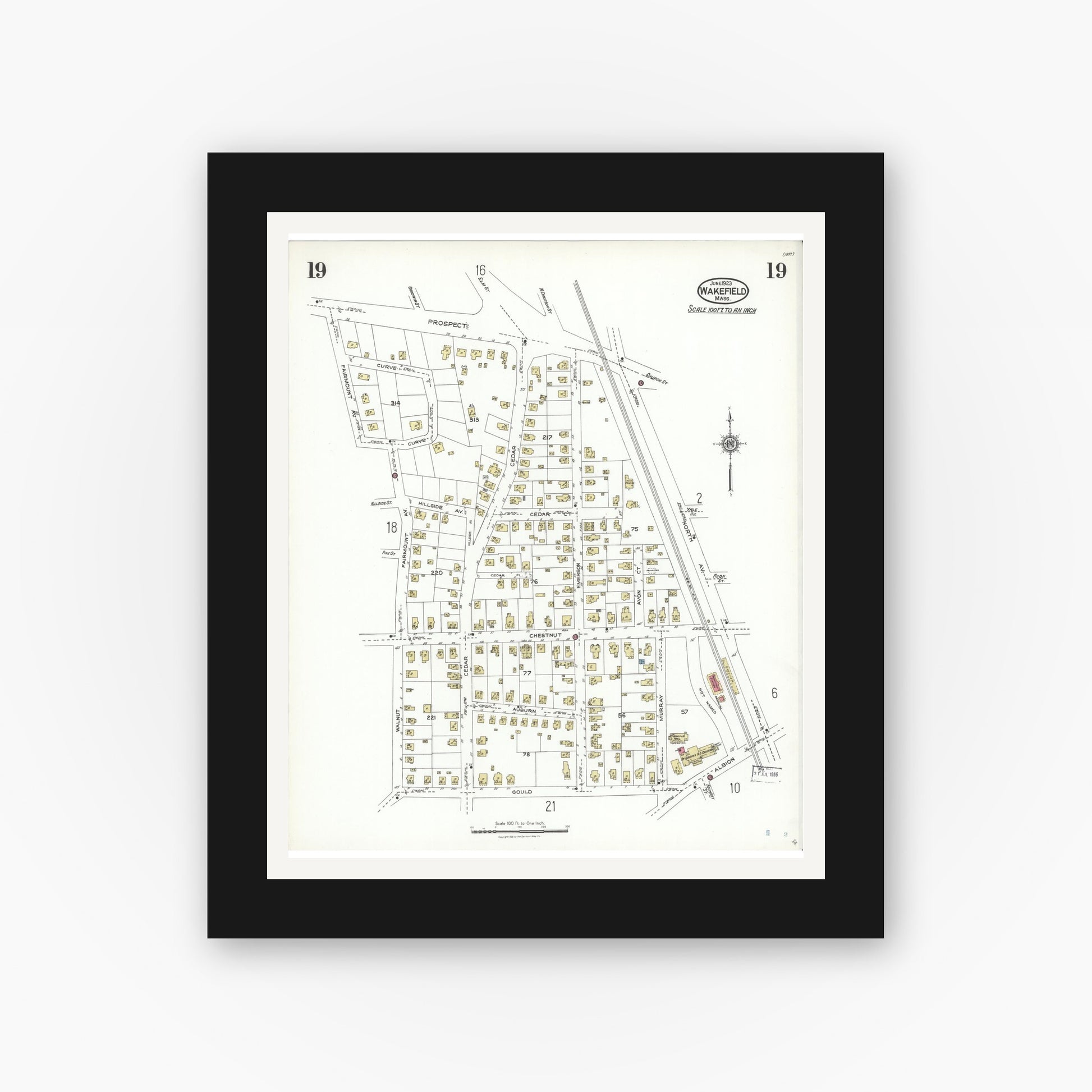Old map wall art mockup — black gallery frame with white mat — Sanborn Fire Insurance Map from Wakefield, Middlesex County, Massachusetts (1923), Sheet #0019