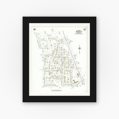 Old map wall art mockup — black gallery frame with white mat — Sanborn Fire Insurance Map from Wakefield, Middlesex County, Massachusetts (1923), Sheet #0019