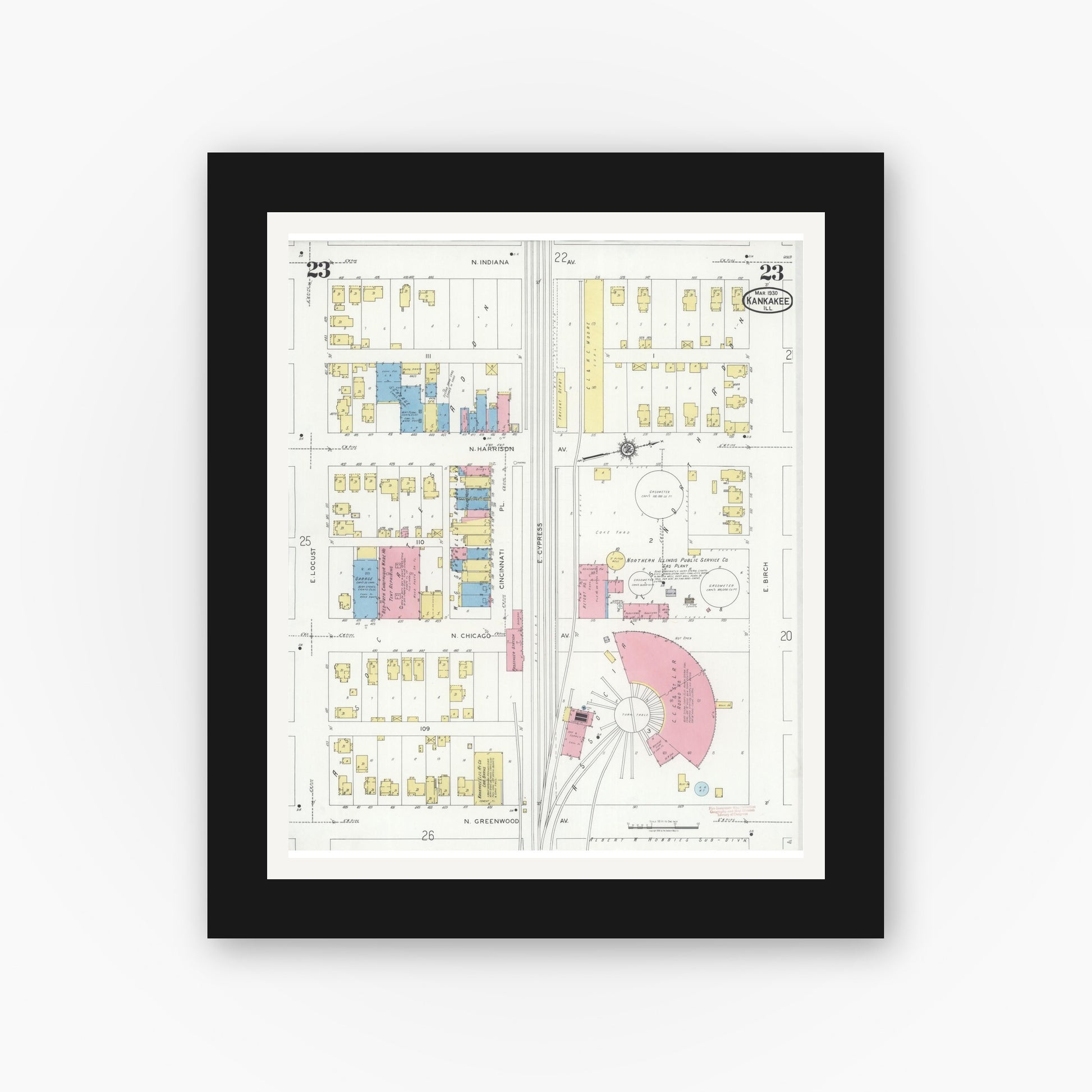Old map wall art mockup — black gallery frame with white mat — Sanborn Fire Insurance Map from Kankakee, Kankakee County, Illinois (1930), Sheet #0023