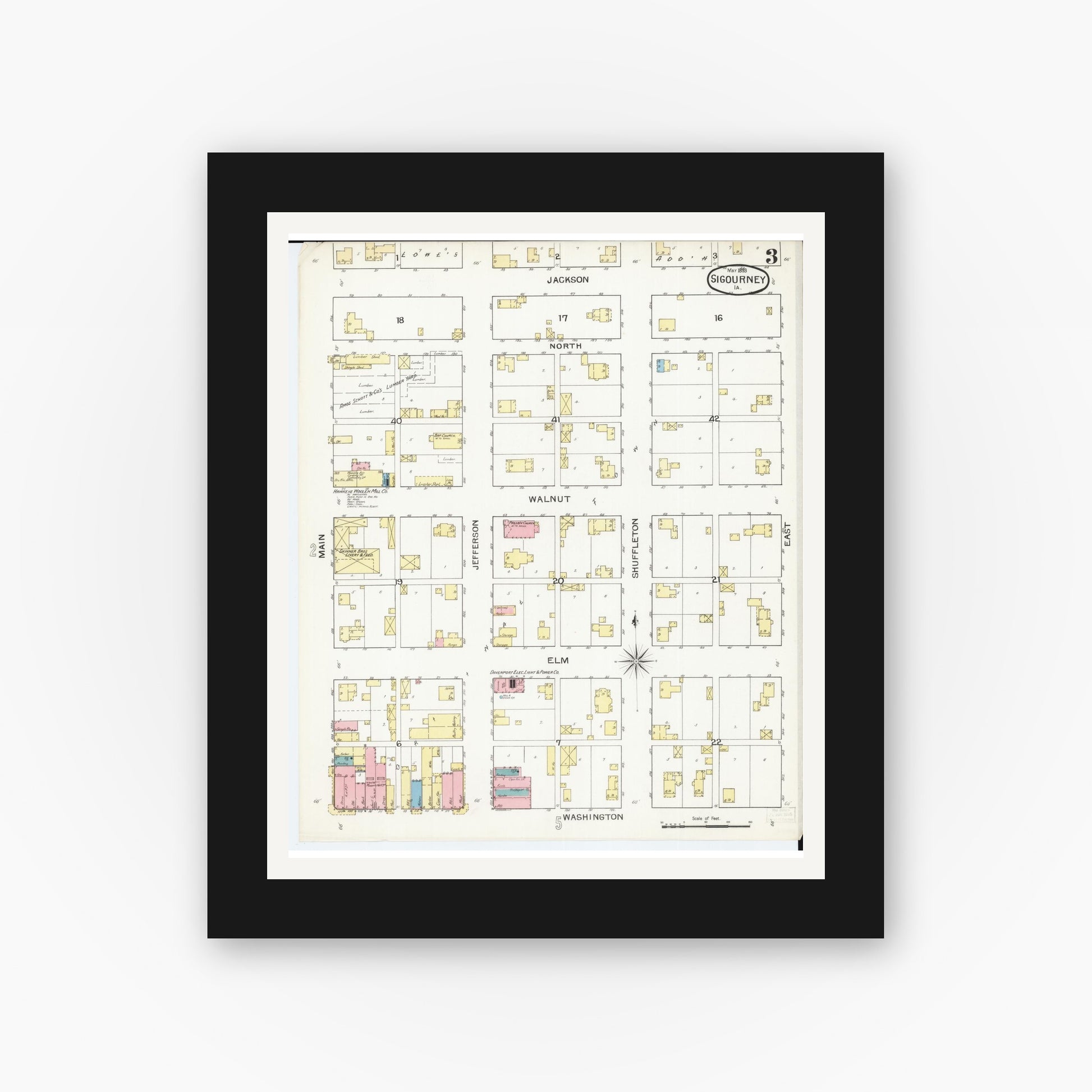 Old map wall art mockup — black gallery frame with white mat — Sanborn Fire Insurance Map from Sigourney, Kiokuk County, Iowa (1893), Sheet #0003