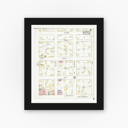 Old map wall art mockup — black gallery frame with white mat — Sanborn Fire Insurance Map from Sigourney, Kiokuk County, Iowa (1893), Sheet #0003